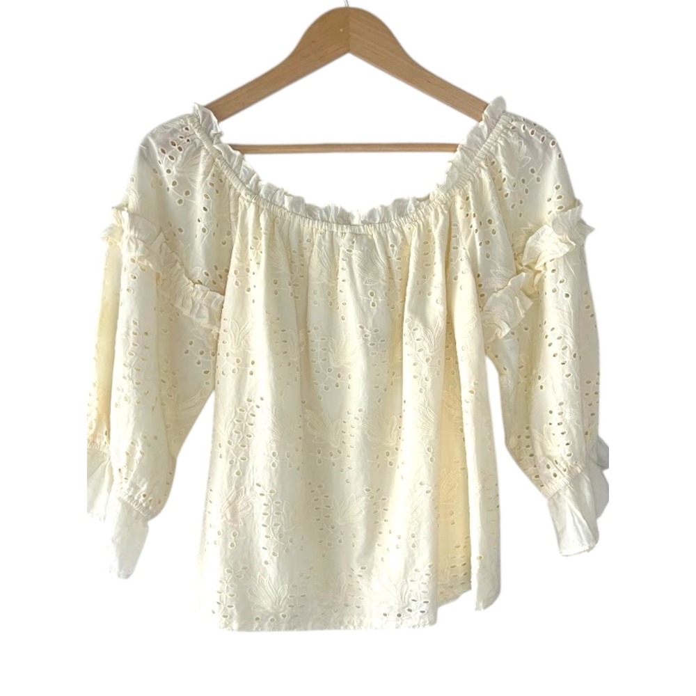 Anthropologie Worn Heart Eyelet Peasant Blouse Ivory Boho Cottagecore 8 NWT - Picture 2 of 11